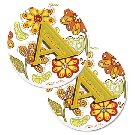 Carolines Treasures Letter A Floral Mustard and Green Set of 2 Cup Holder Car Coaster CJ2003-ACARC